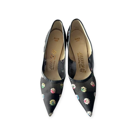 Vintage LENARDI Mesh Floral Heels, Black I multi, 50-60s - Picture 3 of 14